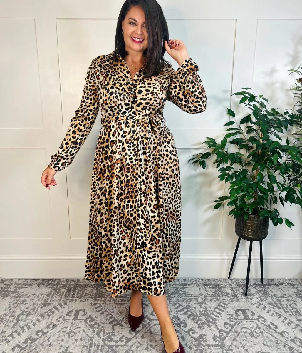 Lola Leopard Print Satin Shirt Dress