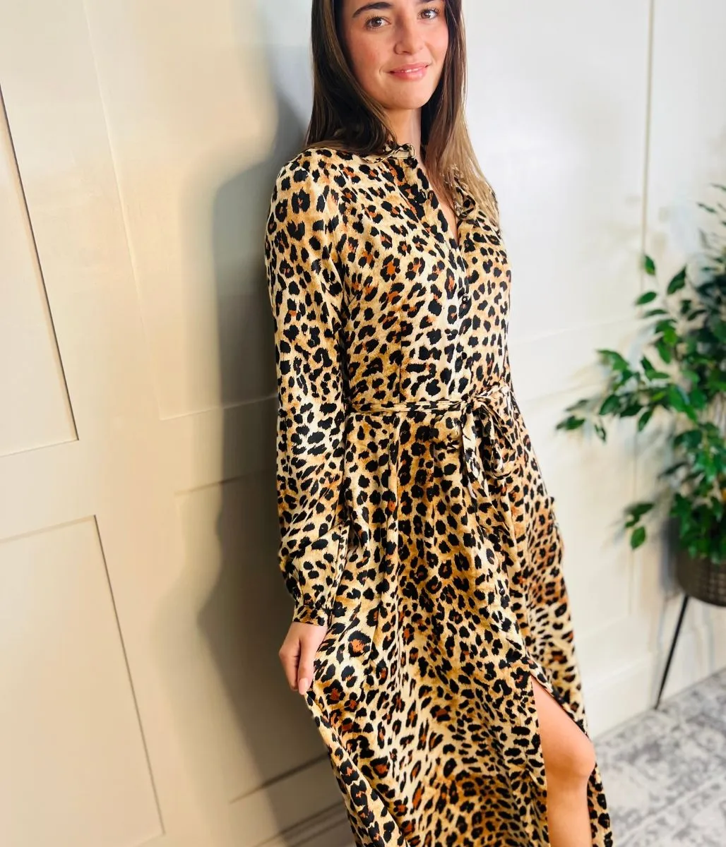 Lola Leopard Print Satin Shirt Dress