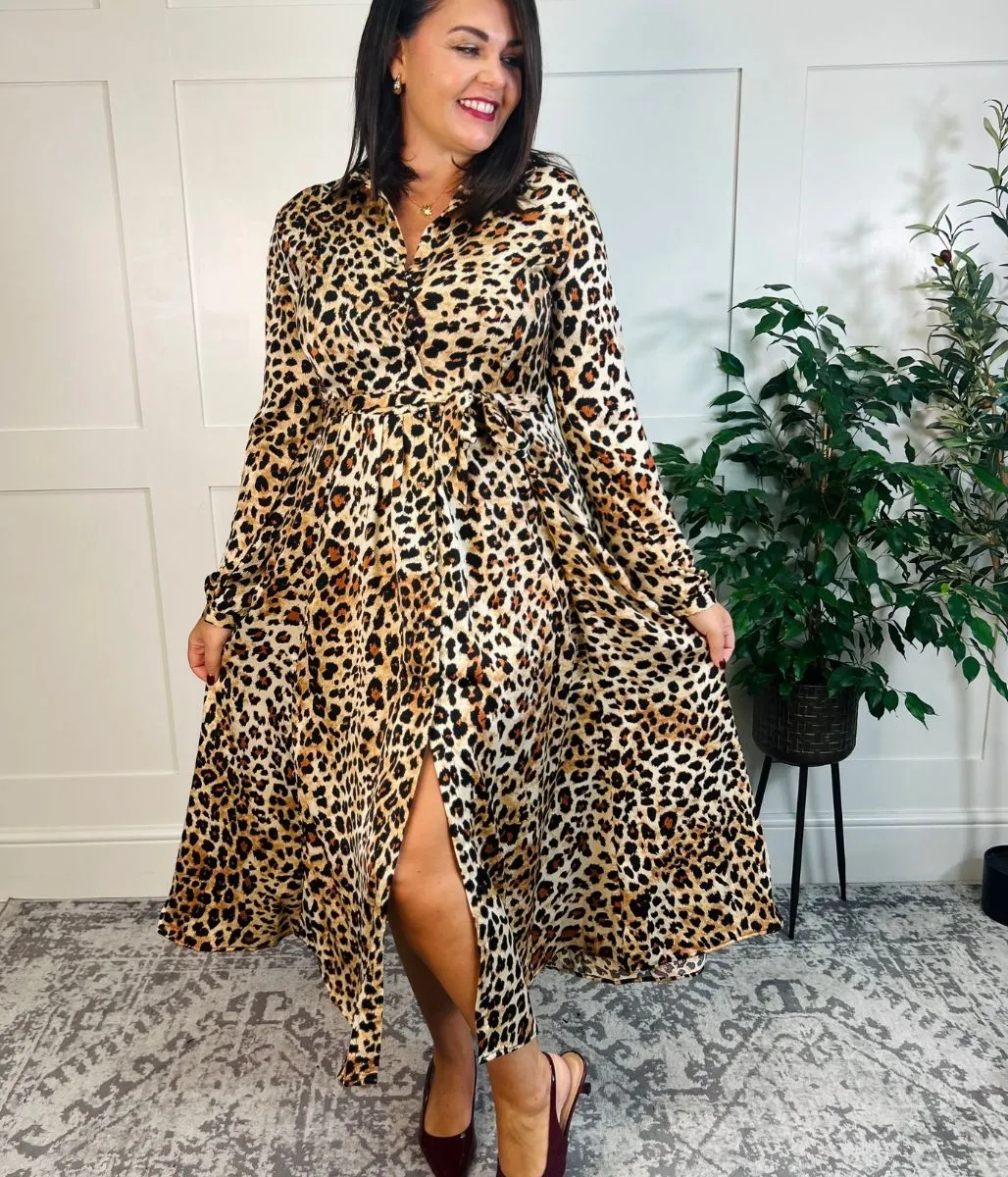 Lola Leopard Print Satin Shirt Dress