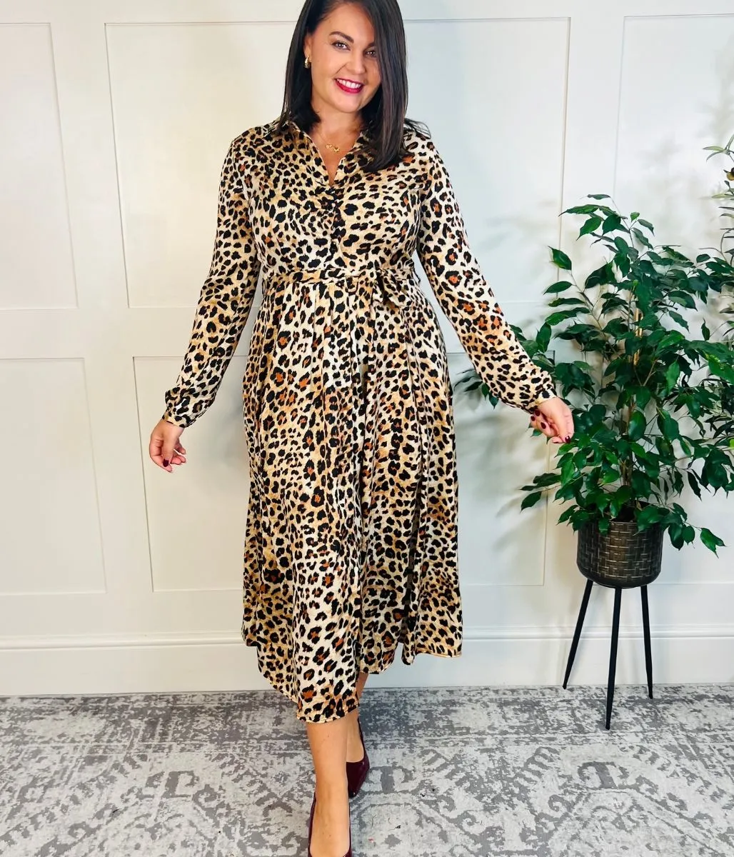 Lola Leopard Print Satin Shirt Dress