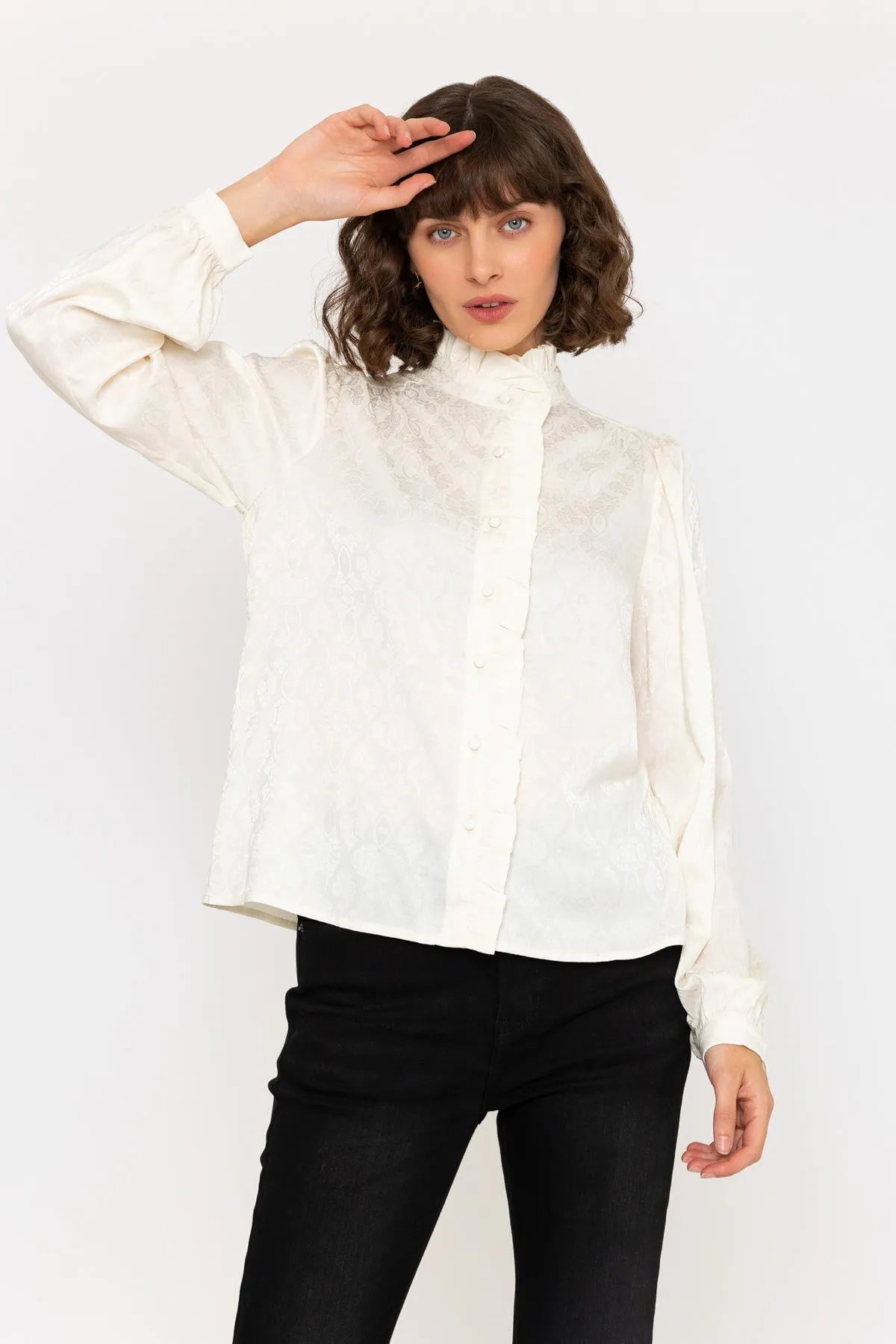 Long Sleeve Jacquard Satin Blouse in Ivory