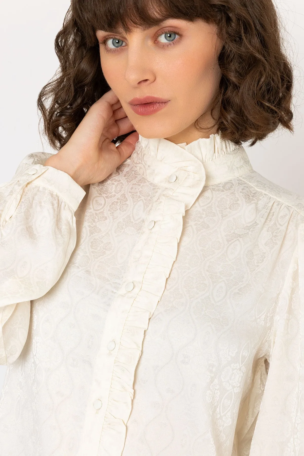 Long Sleeve Jacquard Satin Blouse in Ivory