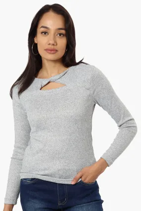 Magazine Ribbed Front Twist Long Sleeve Top - Grey