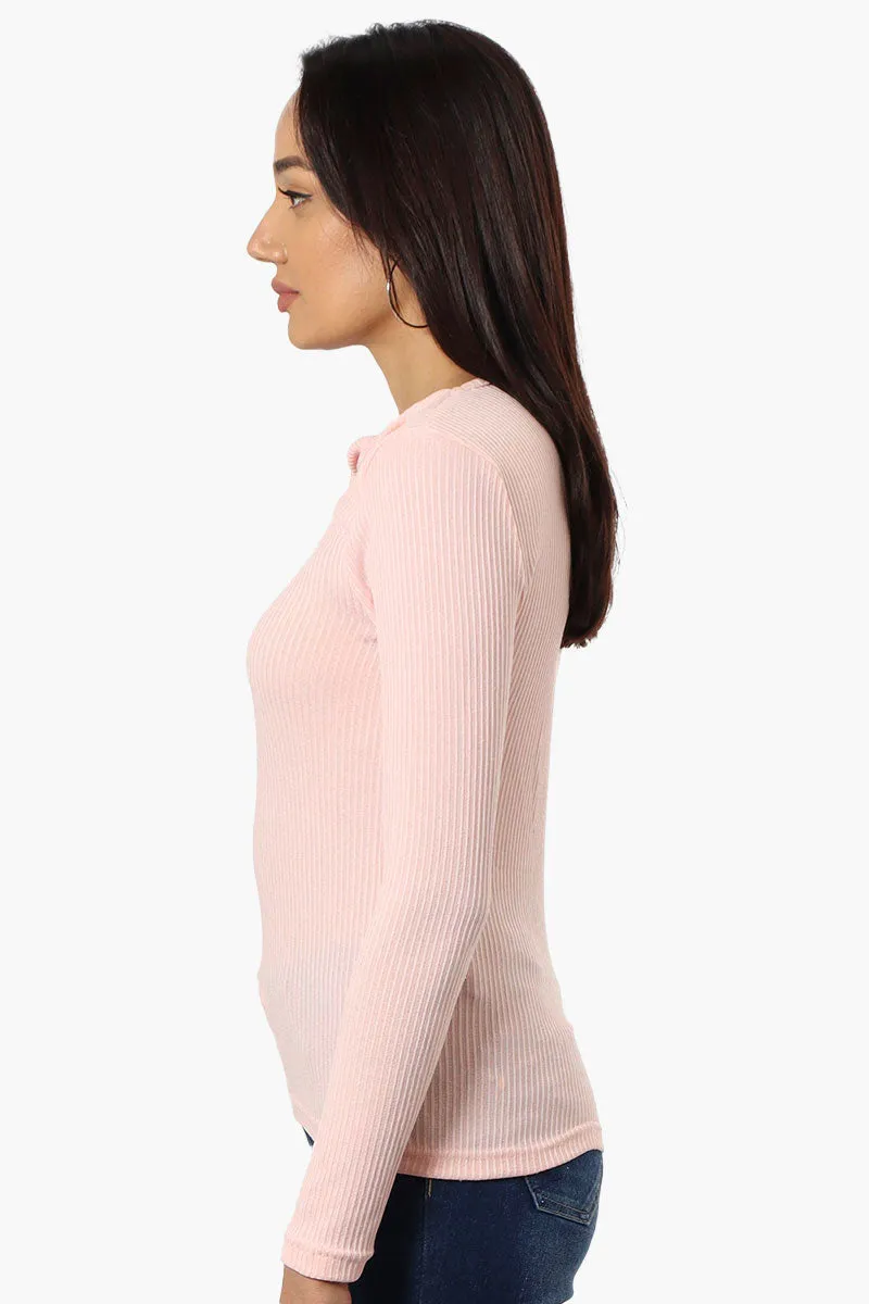 Magazine Ribbed Front Twist Long Sleeve Top - Pink