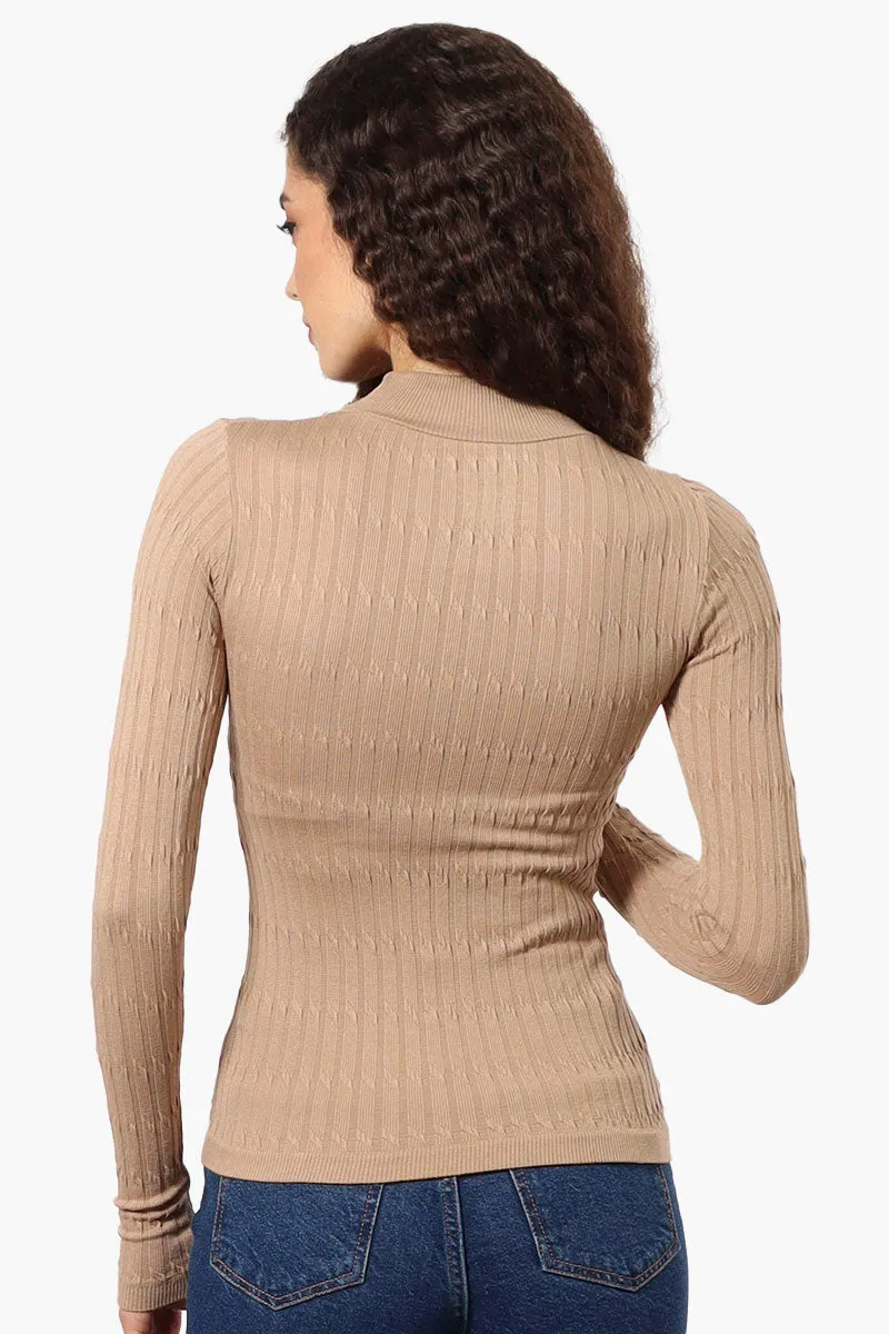 Magazine Ribbed Mock Neck Long Sleeve Top - Beige