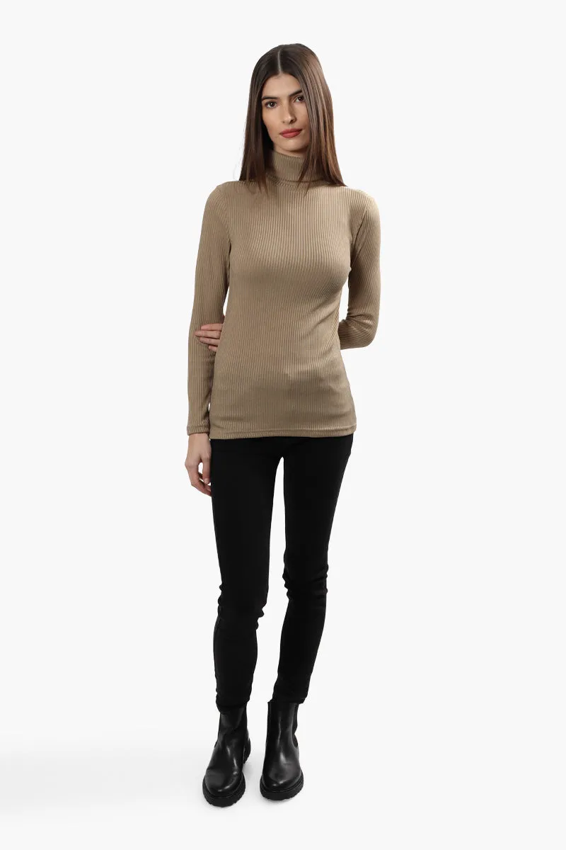 Magazine Ribbed Turtleneck Long Sleeve Top - Beige