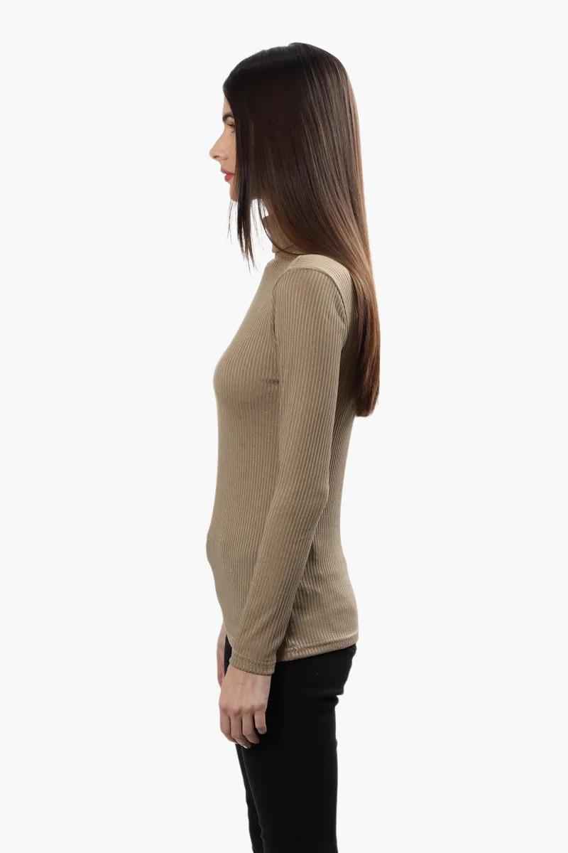 Magazine Ribbed Turtleneck Long Sleeve Top - Beige