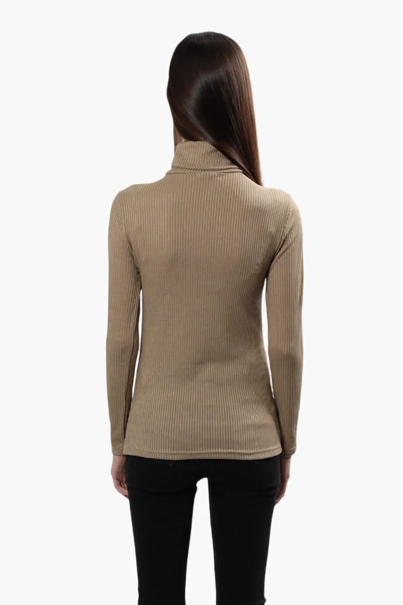 Magazine Ribbed Turtleneck Long Sleeve Top - Beige