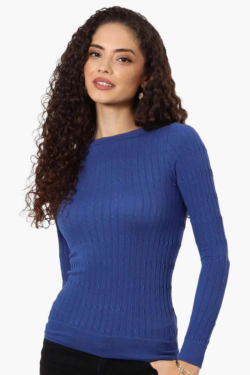 Magazine Solid Ribbed Crewneck Long Sleeve Top - Blue