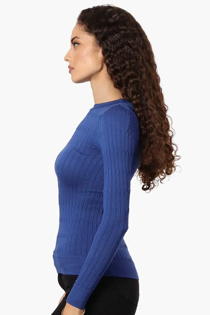 Magazine Solid Ribbed Crewneck Long Sleeve Top - Blue