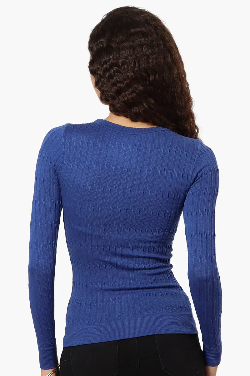 Magazine Solid Ribbed Crewneck Long Sleeve Top - Blue