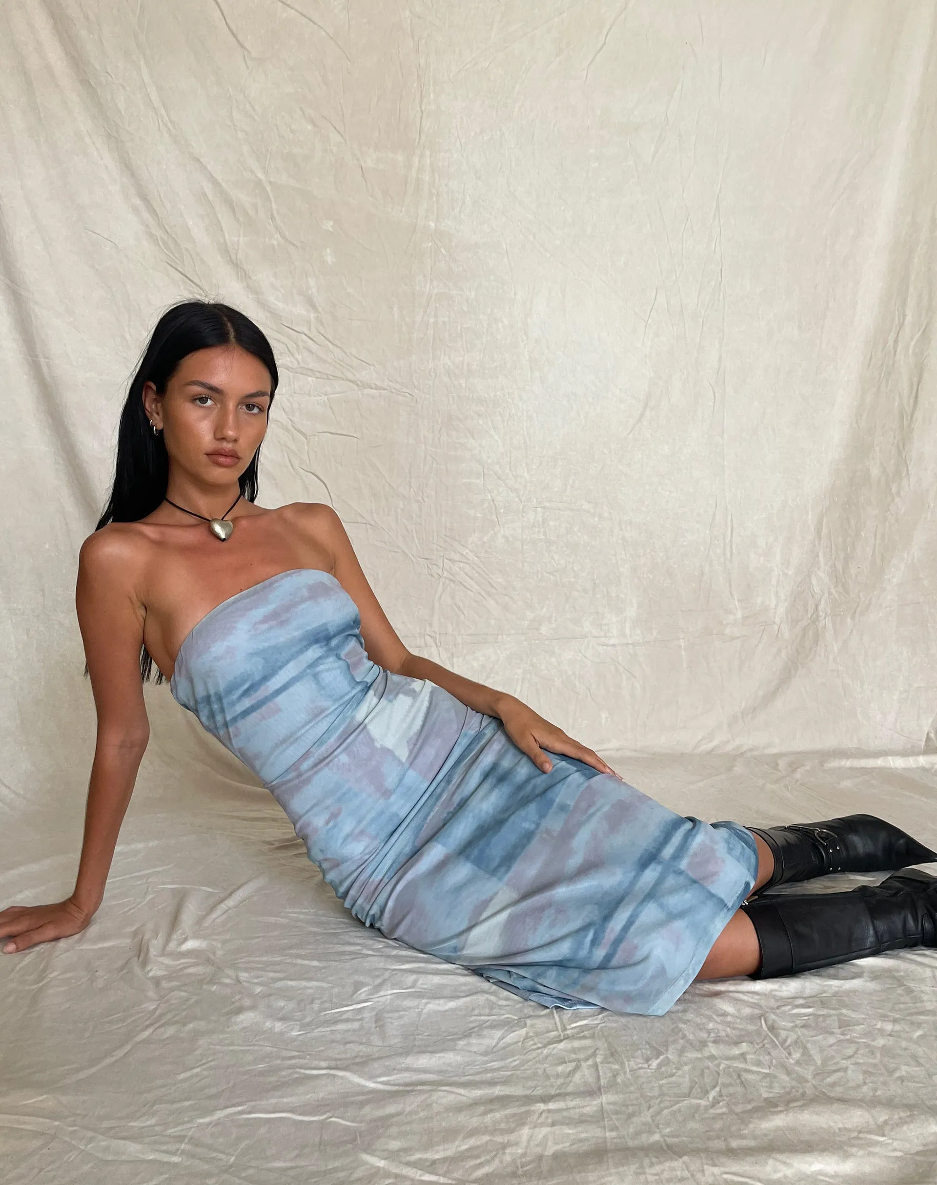 MOTEL X JACQUIE Suki Bandeau Midi Dress in Mesh Abstract Paint Brush Blue