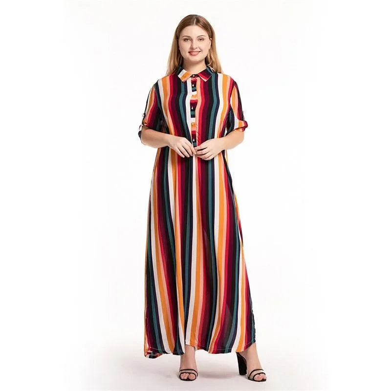 Multicolor Turn Down Collar Half Sleeve Striped Maxi Shirt Dress