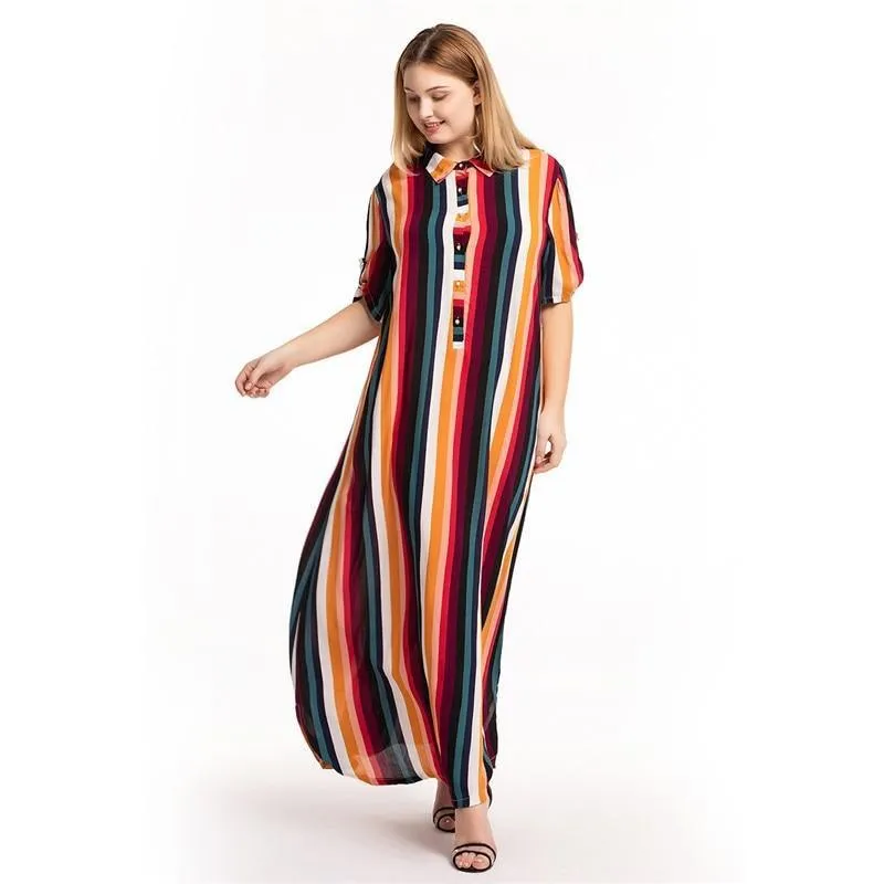 Multicolor Turn Down Collar Half Sleeve Striped Maxi Shirt Dress