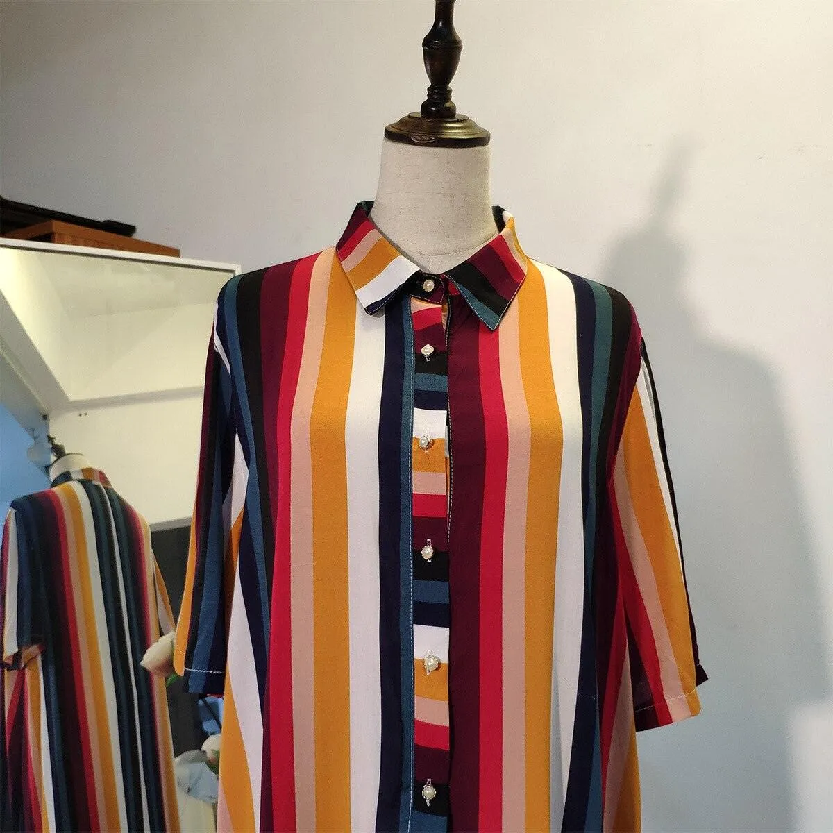 Multicolor Turn Down Collar Half Sleeve Striped Maxi Shirt Dress