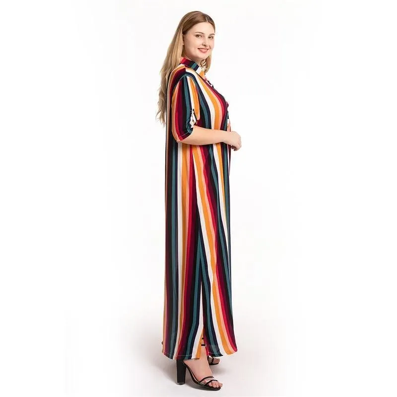 Multicolor Turn Down Collar Half Sleeve Striped Maxi Shirt Dress