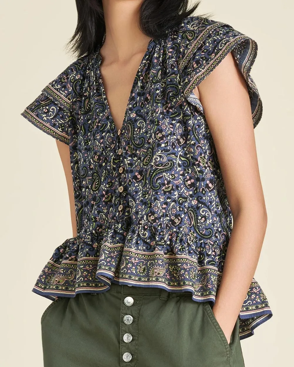 Navy Paisley Short Sleeve Mahia Top