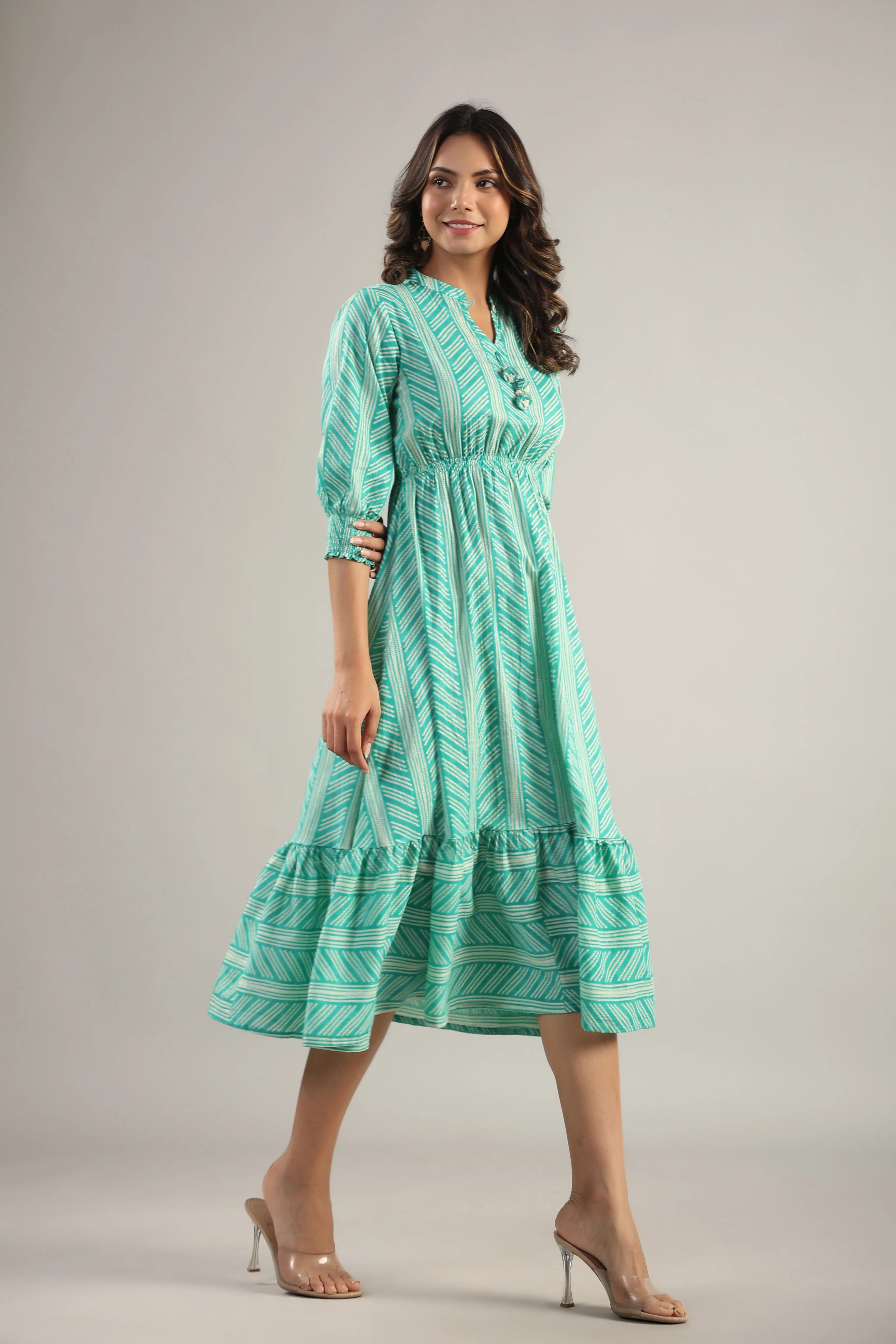 Patterned Shibori on turquoise MIDI Cotton Dress