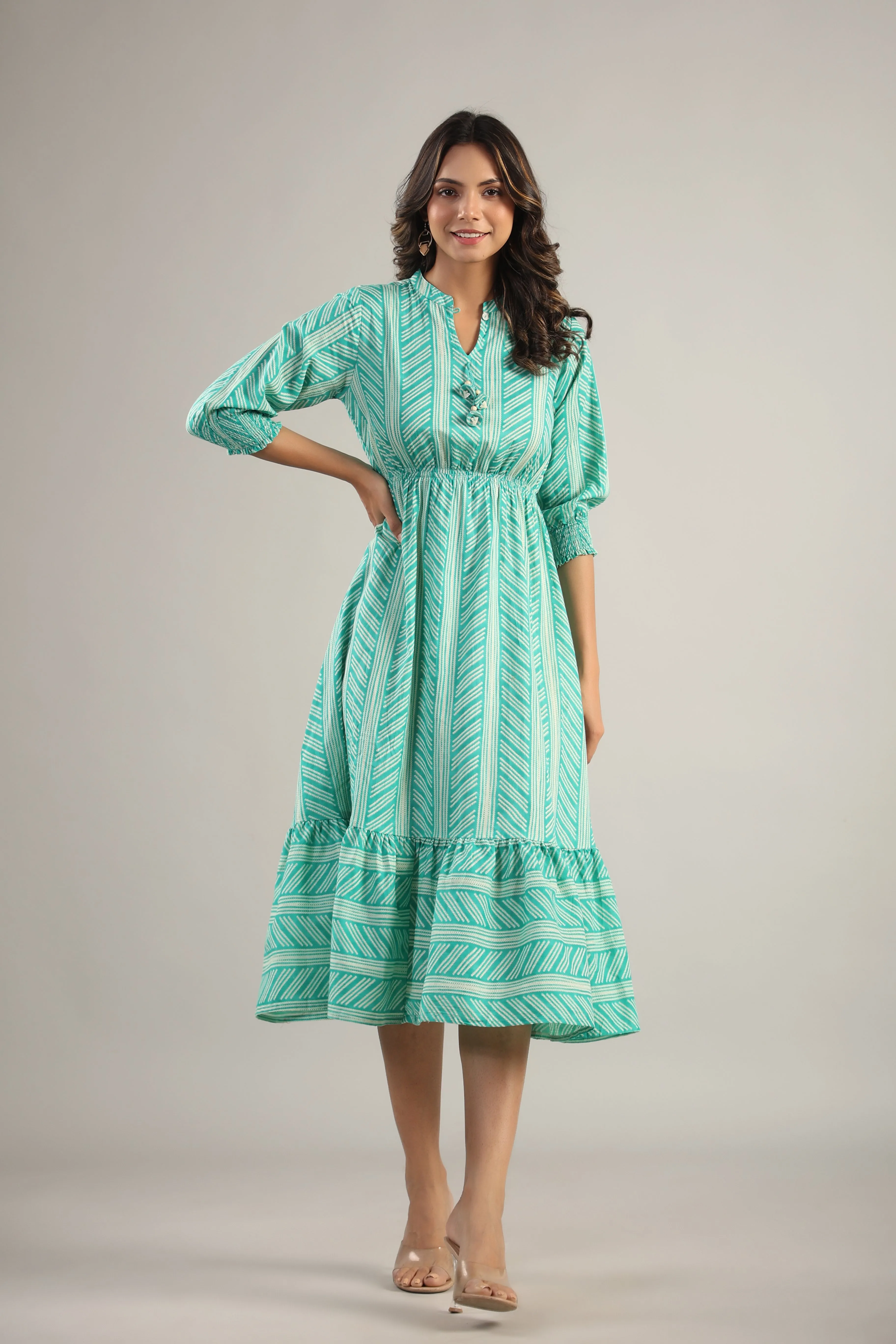 Patterned Shibori on turquoise MIDI Cotton Dress