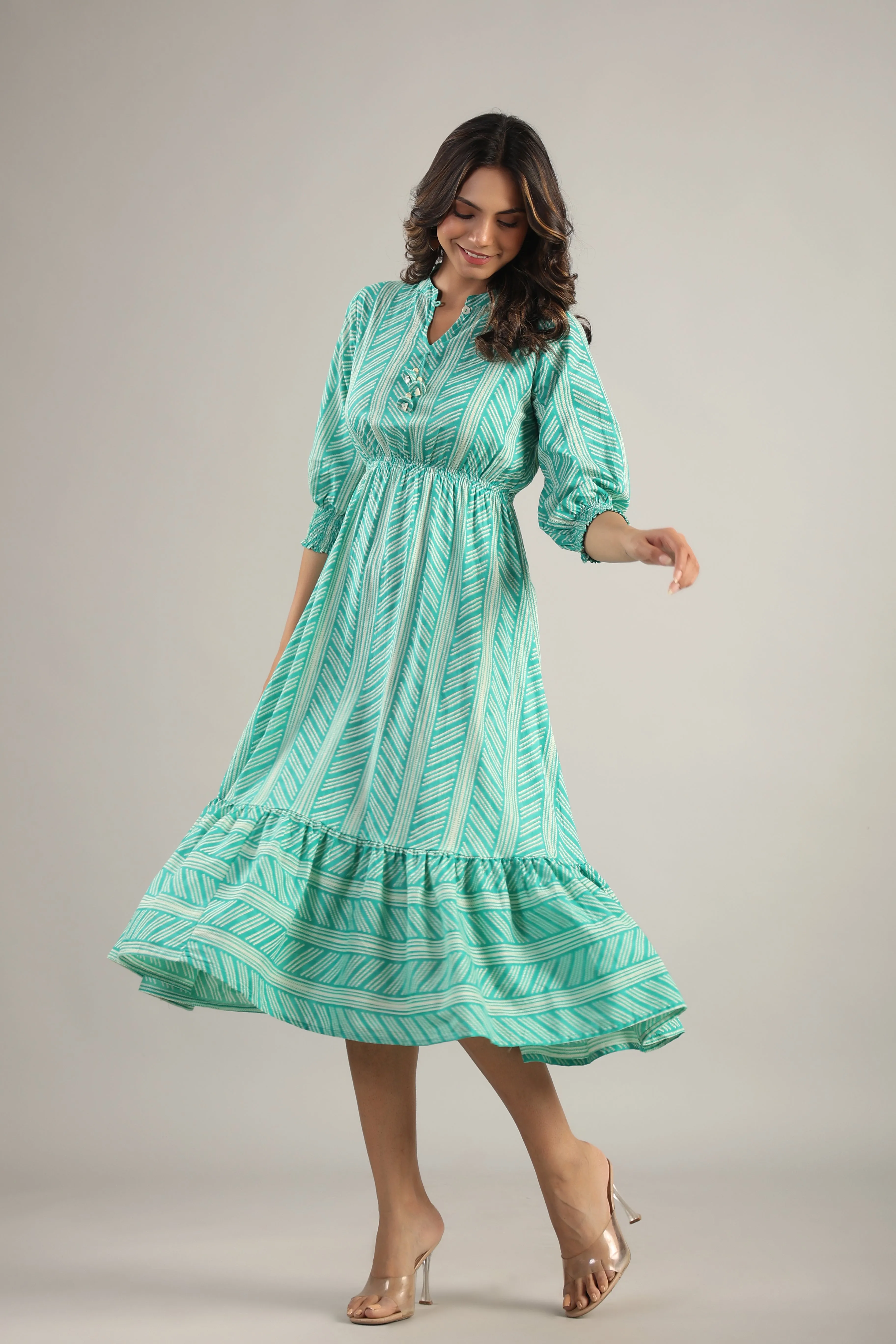 Patterned Shibori on turquoise MIDI Cotton Dress