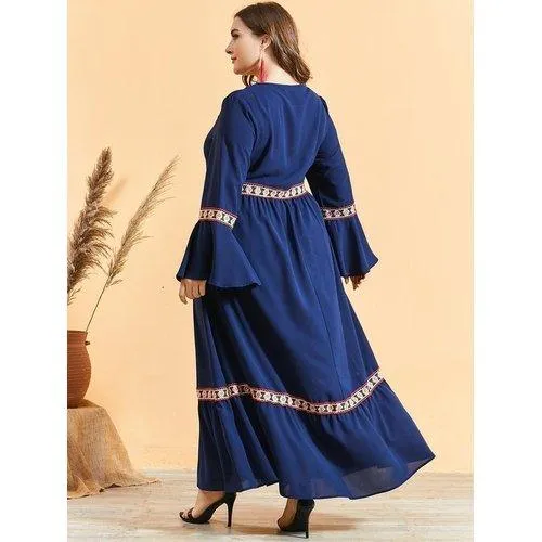 Plus Size Flare Long Sleeve Embroidery High-Waist Maxi Dress