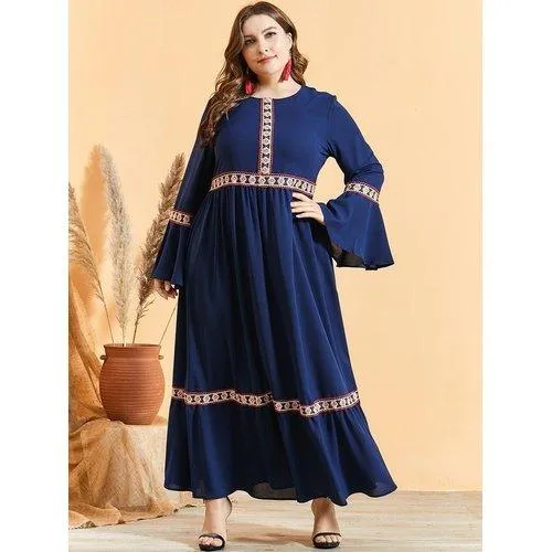 Plus Size Flare Long Sleeve Embroidery High-Waist Maxi Dress