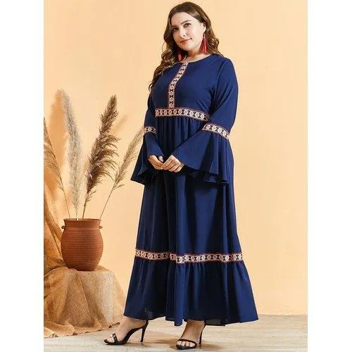 Plus Size Flare Long Sleeve Embroidery High-Waist Maxi Dress