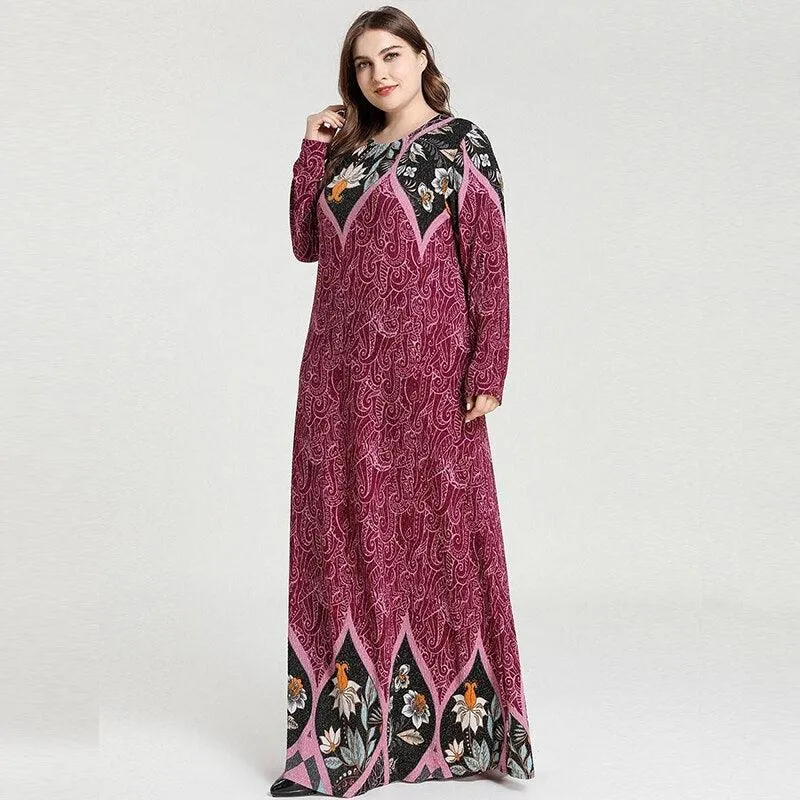 Plus Size Long Sleeve Floral Casual Maxi Dress