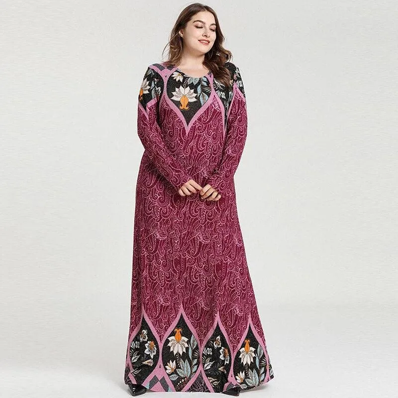 Plus Size Long Sleeve Floral Casual Maxi Dress