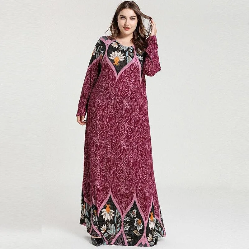 Plus Size Long Sleeve Floral Casual Maxi Dress