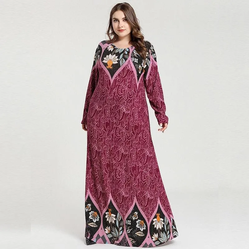 Plus Size Long Sleeve Floral Casual Maxi Dress