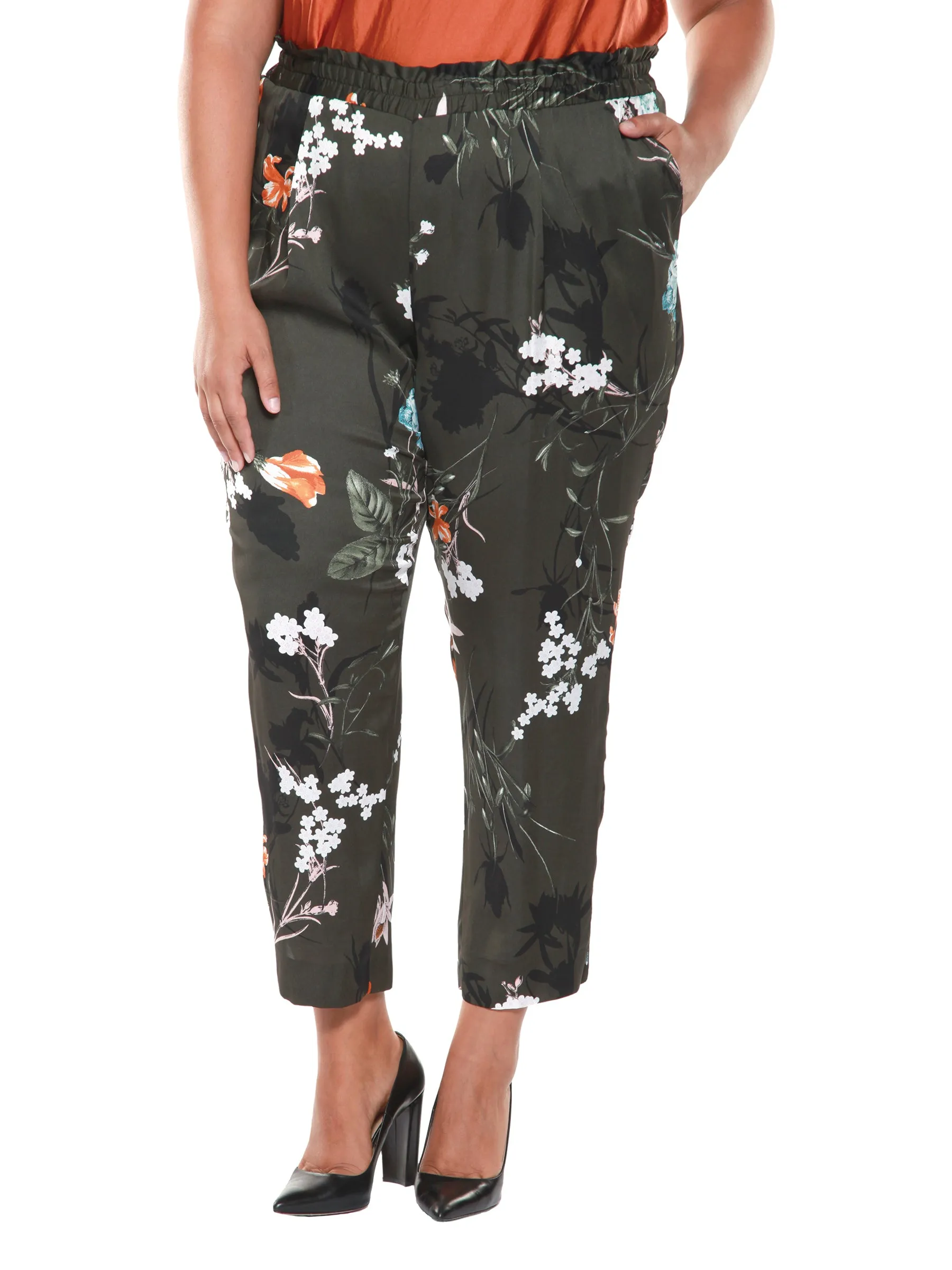 Plus Size Olive Green Floral Printed Pull On Pants