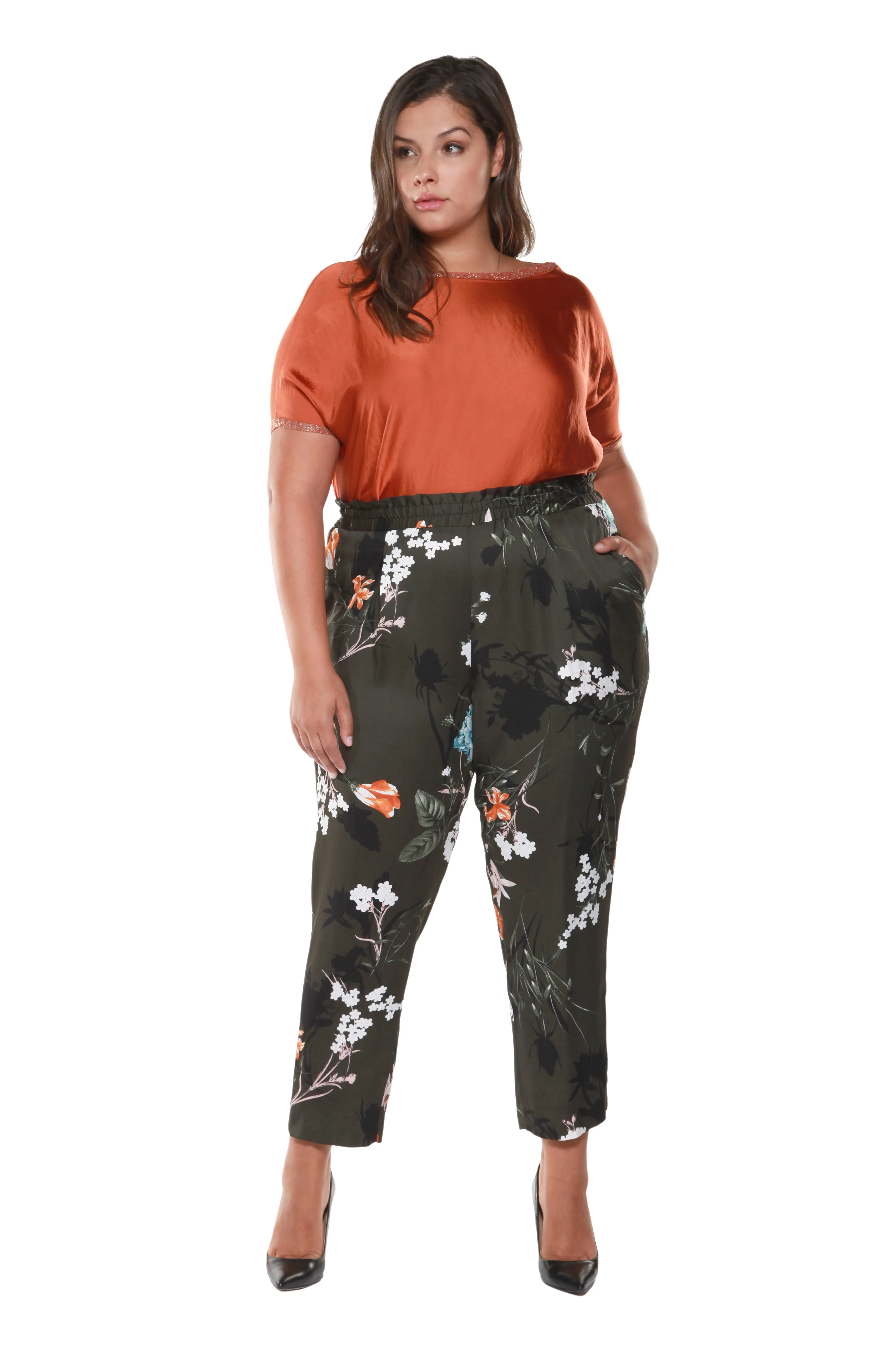 Plus Size Olive Green Floral Printed Pull On Pants