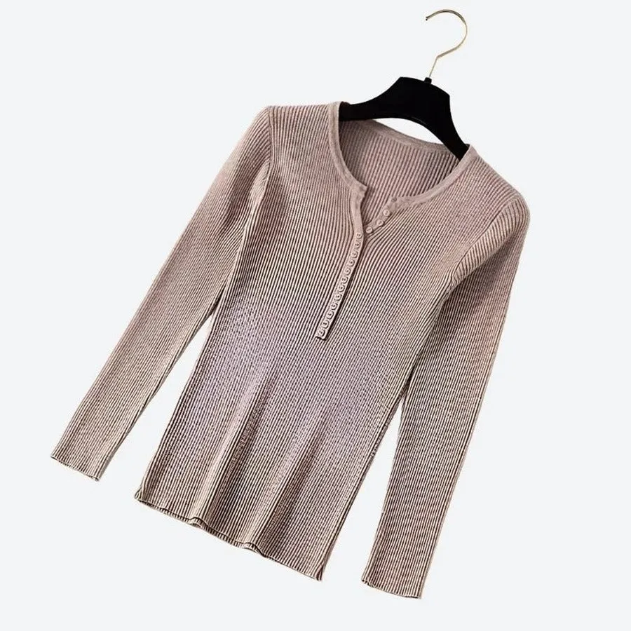 Ribbed Long-Sleeve Henley Knit Tops