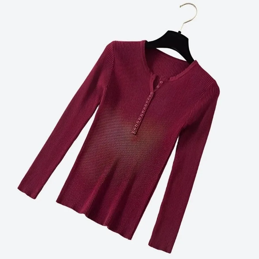 Ribbed Long-Sleeve Henley Knit Tops