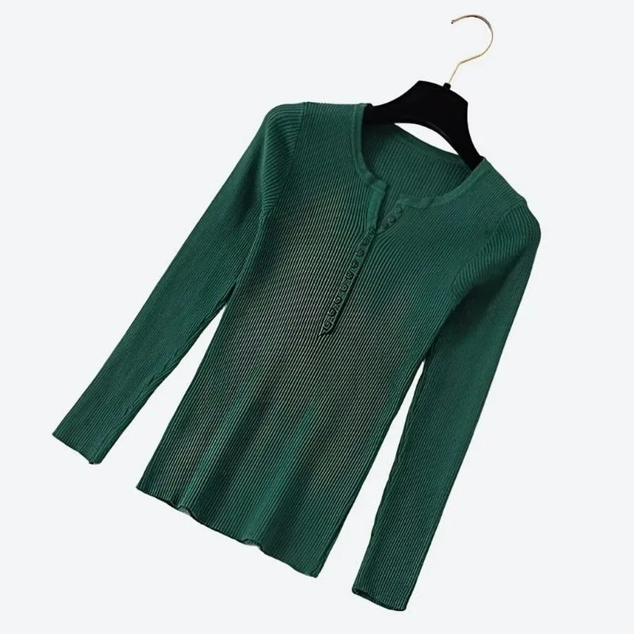 Ribbed Long-Sleeve Henley Knit Tops