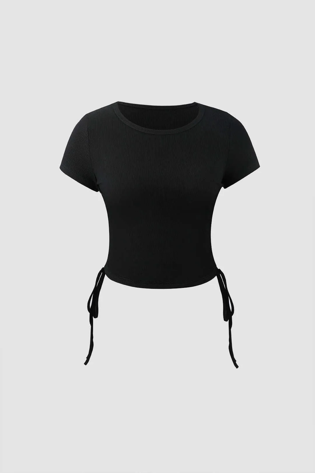 Ribbed Side Drawstring Crop T-Shirt