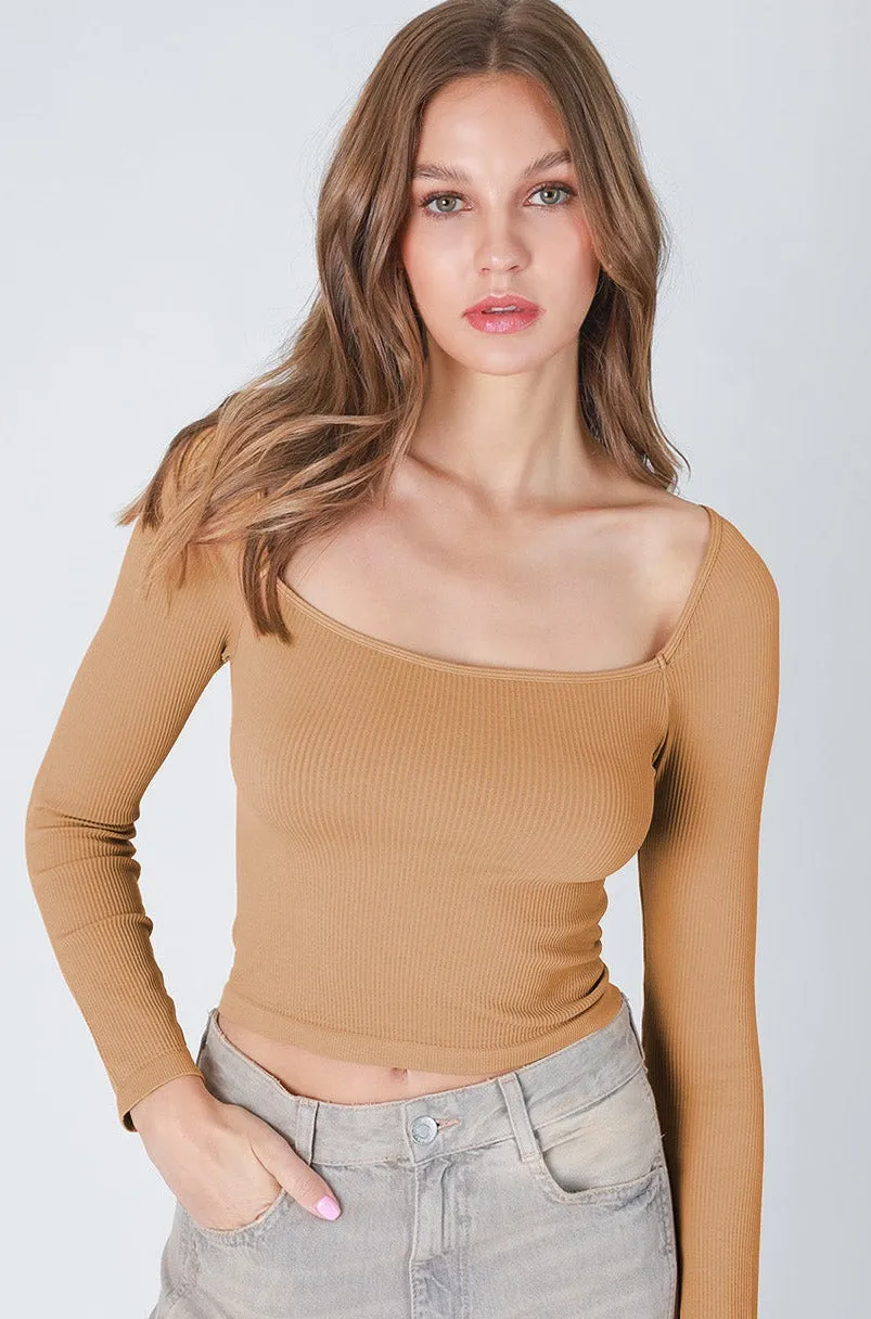 Ribbed Square Neck Long Sleeve Top (NikiBiki)