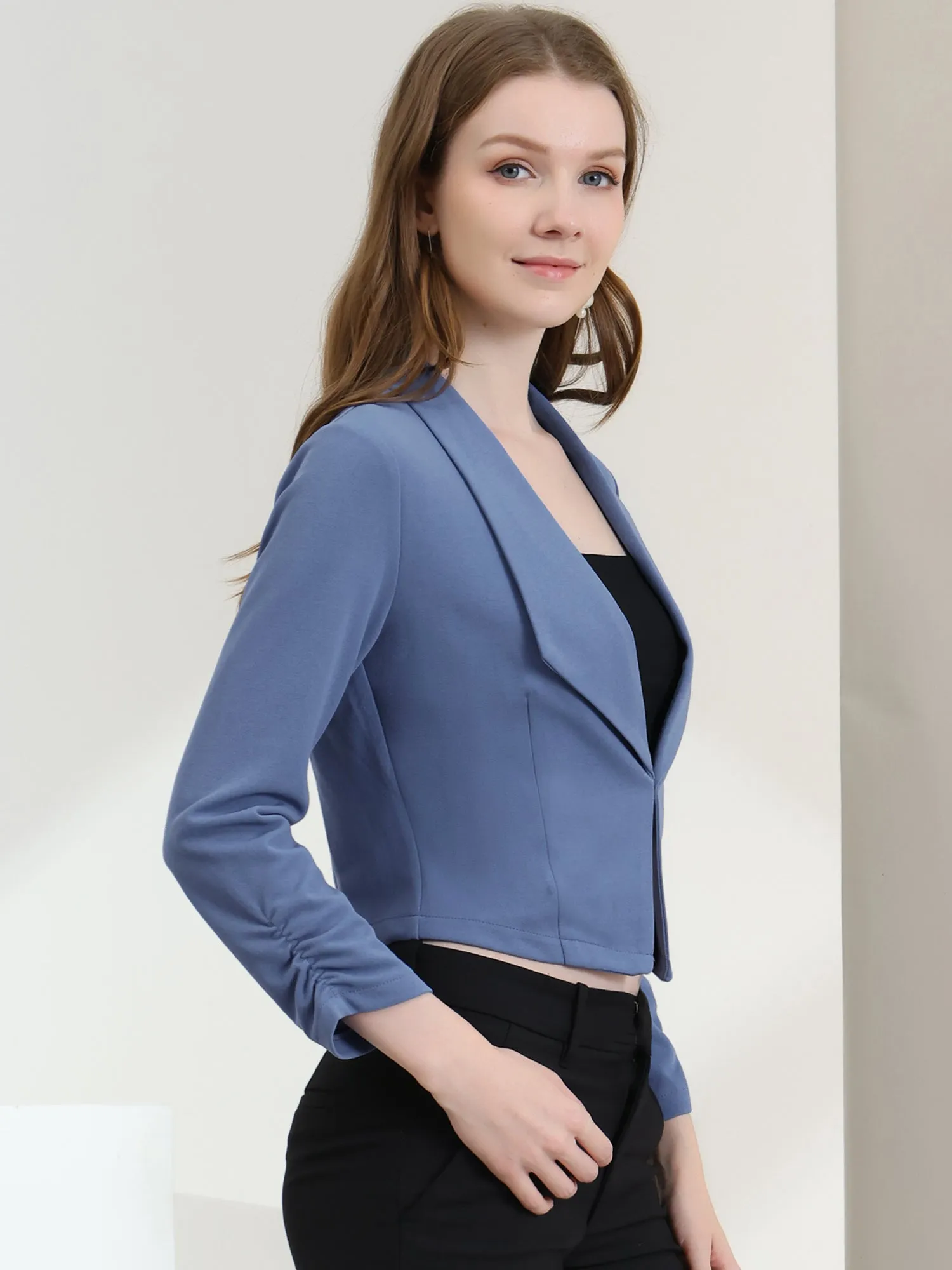 Ruched Sleeve Notched Lapel Business Cropped Blazer Jacket