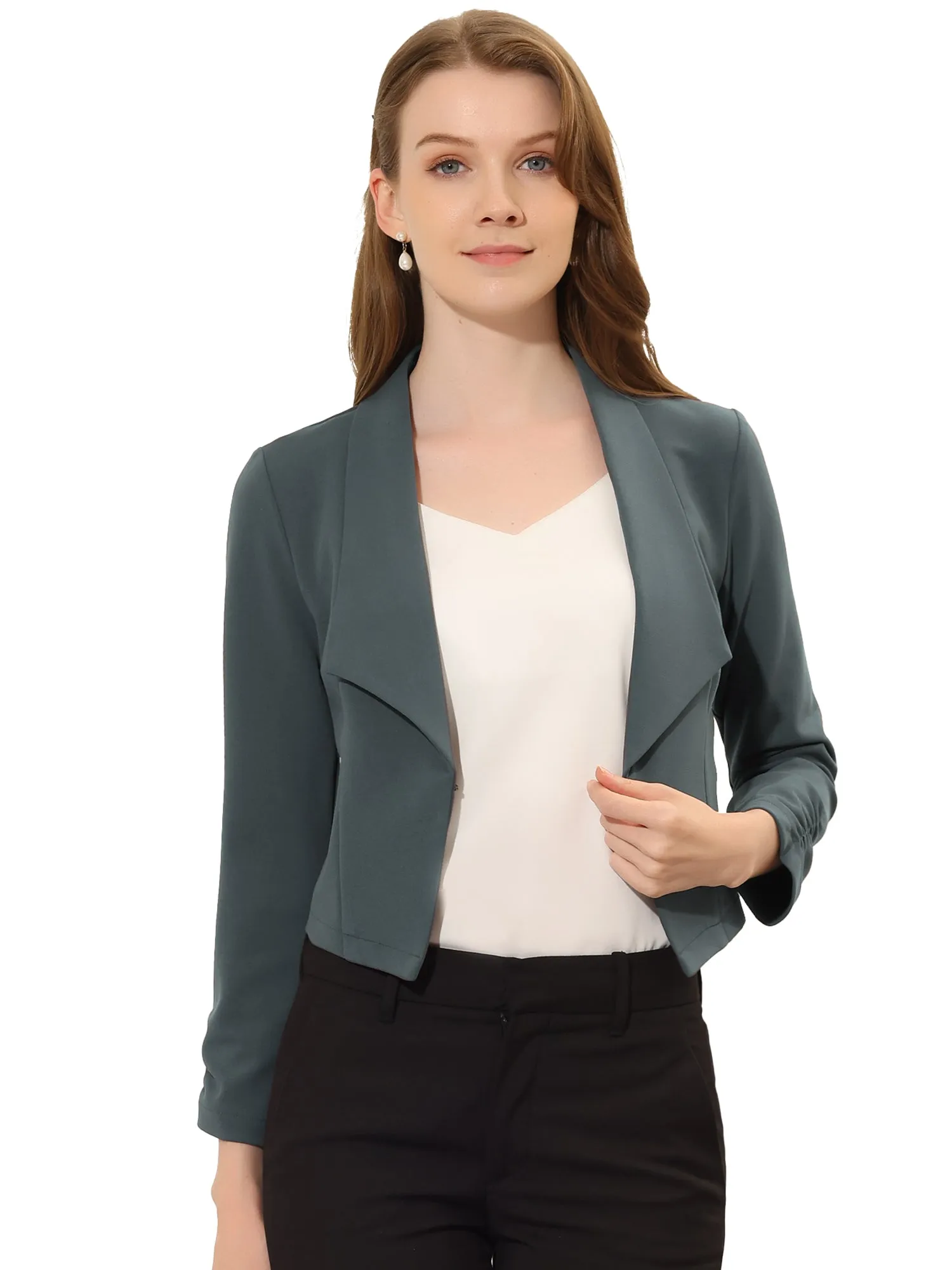 Ruched Sleeve Notched Lapel Business Cropped Blazer Jacket