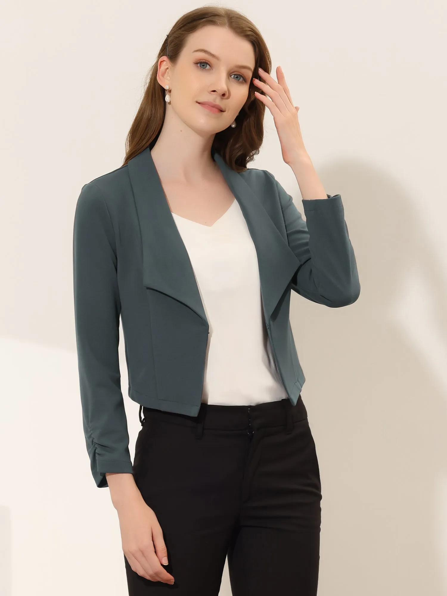 Ruched Sleeve Notched Lapel Business Cropped Blazer Jacket