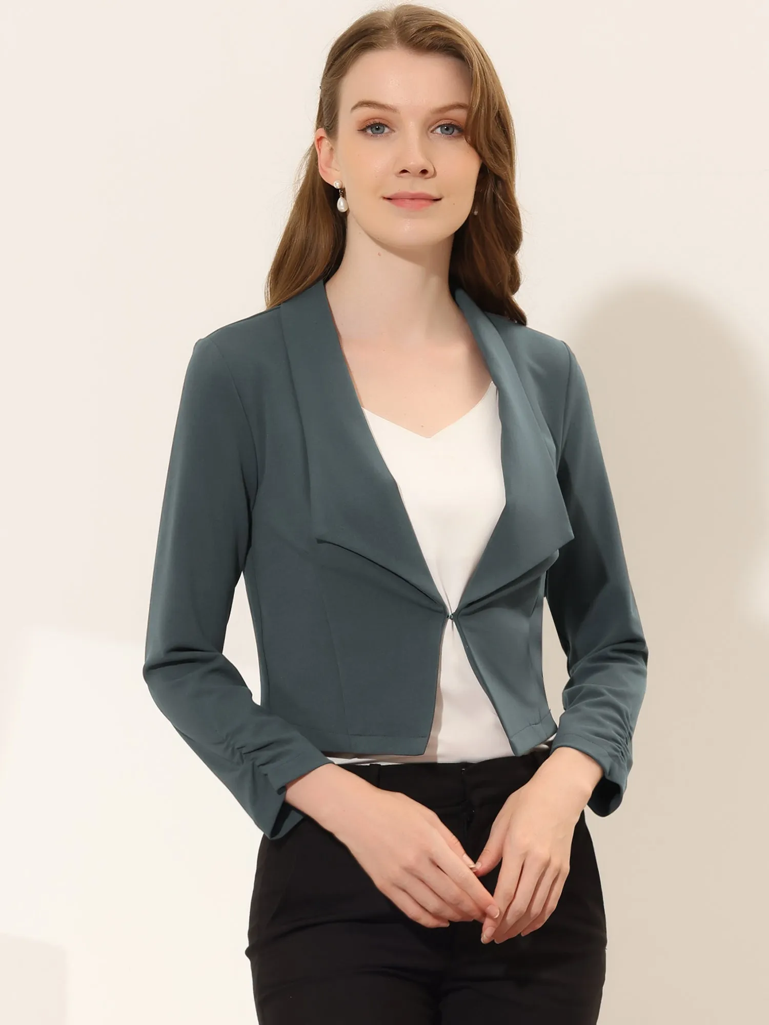 Ruched Sleeve Notched Lapel Business Cropped Blazer Jacket