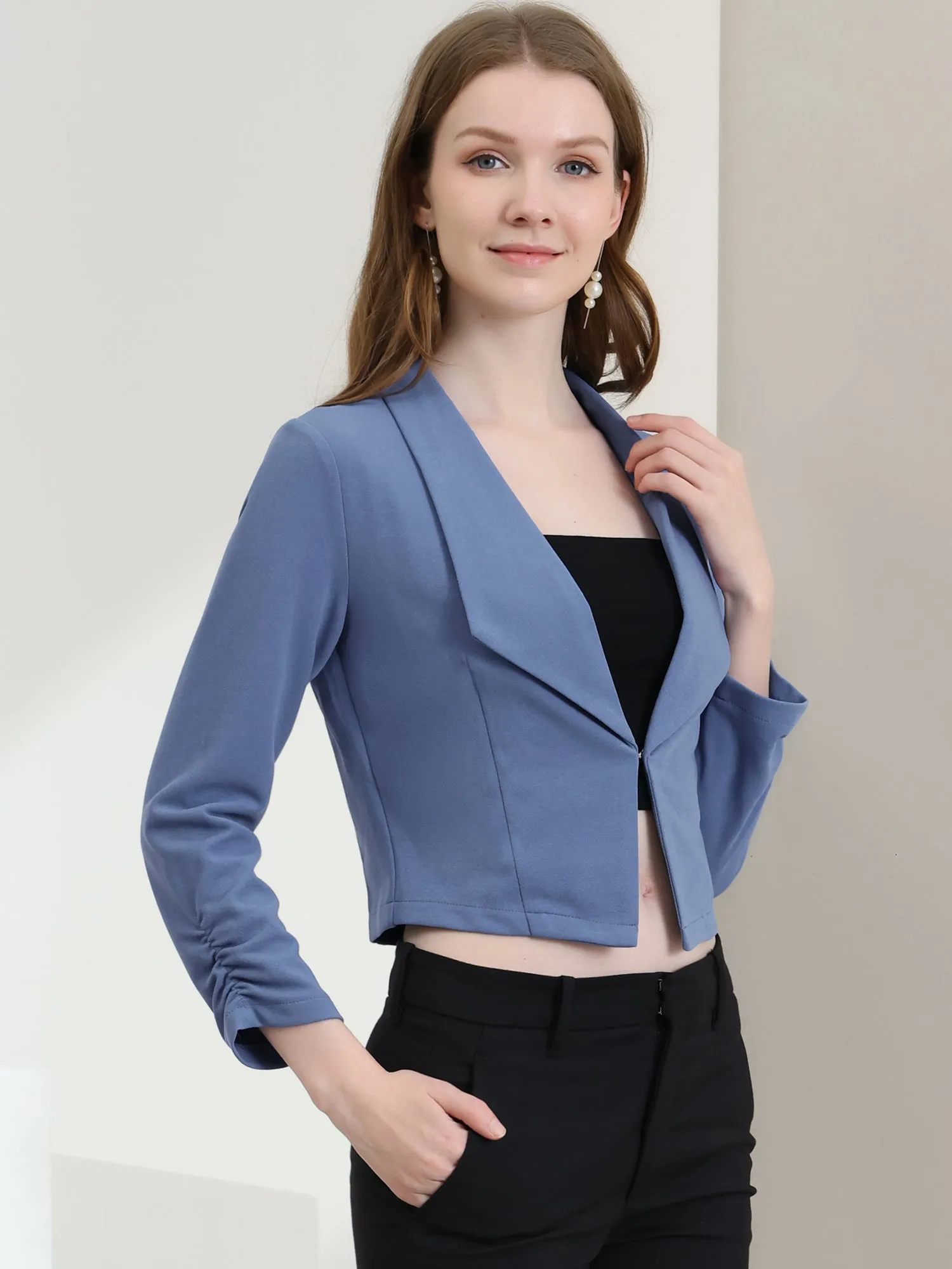 Ruched Sleeve Notched Lapel Business Cropped Blazer Jacket