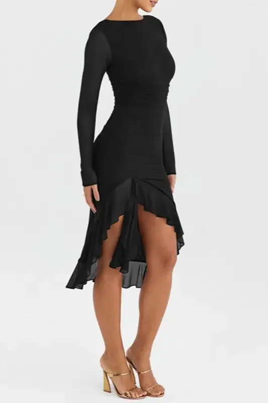 Sheer Ruffle Trim Bodycon Midi Dress