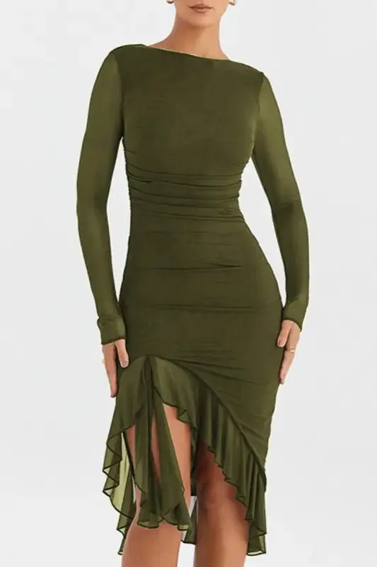 Sheer Ruffle Trim Bodycon Midi Dress