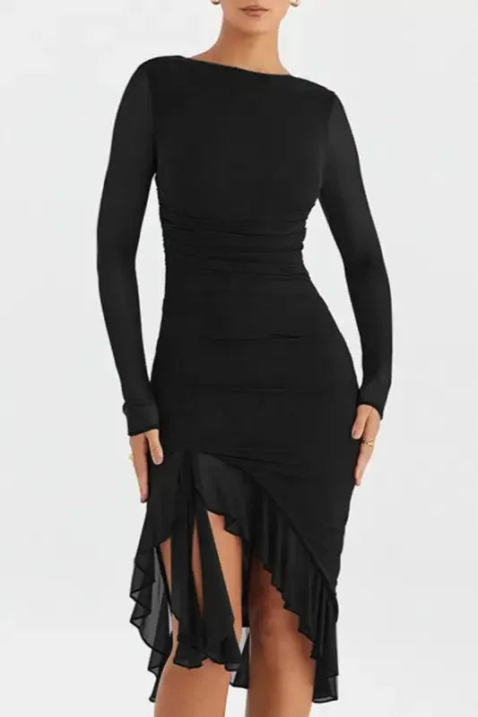 Sheer Ruffle Trim Bodycon Midi Dress