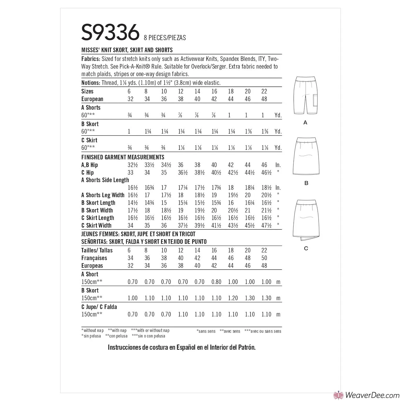 Simplicity Pattern S9336 Misses' Knit Skorts & Shorts