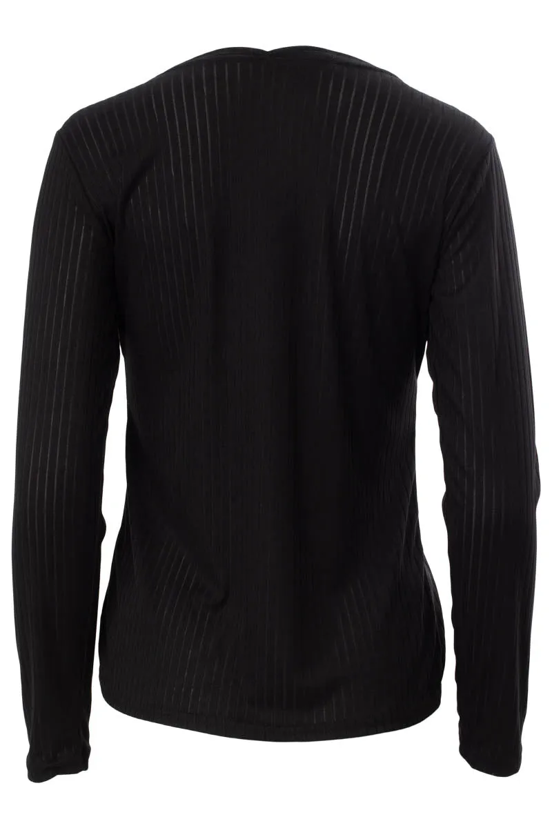 Solid Ribbed Crossover Long Sleeve Top - Black