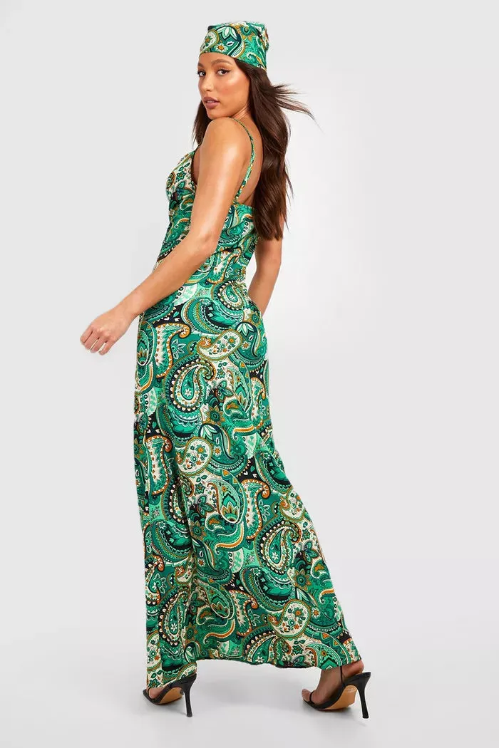 Tall bright paisley maxi dress with headscarf in multi