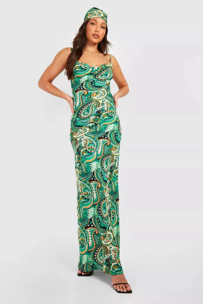 Tall bright paisley maxi dress with headscarf in multi